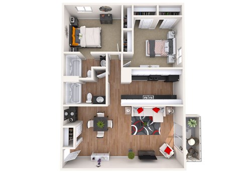 Floor plan for 2 beds, 2 baths, 955 sqft
